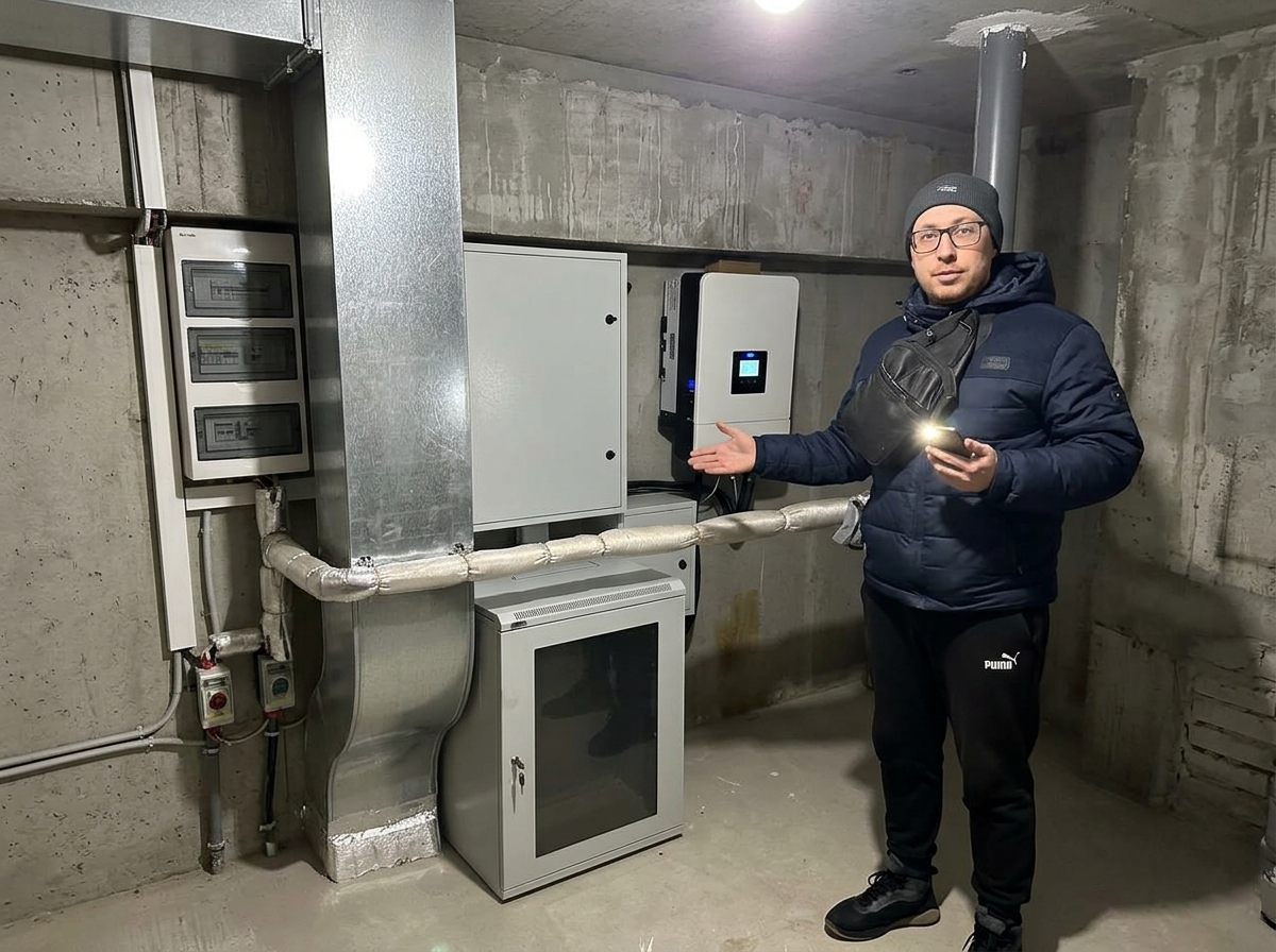 Опалювана шафа з інвертором і АКБ на технічному поверсі багатоповерхівки для резервного живлення ліфта