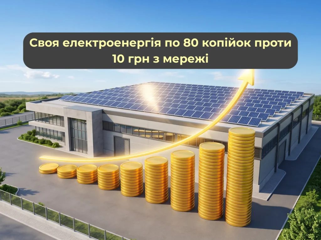 Окупність СЕС для бізнесу — власна електроенергія по 80 копійок проти 10 грн з мережі, повернення інвестиції за 2–3 роки